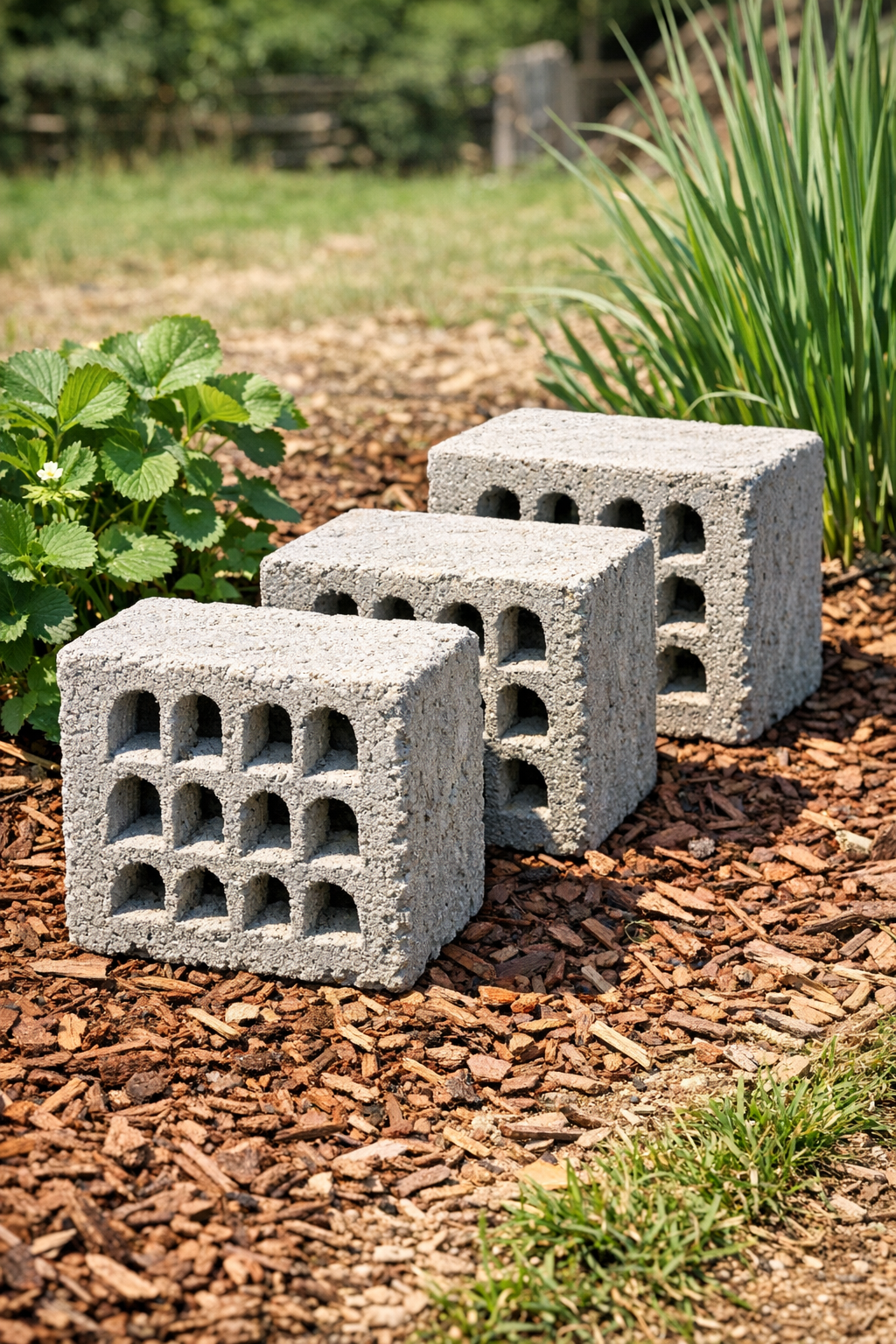 Finished vented cement yard blocks made from strawberry clamshell molds