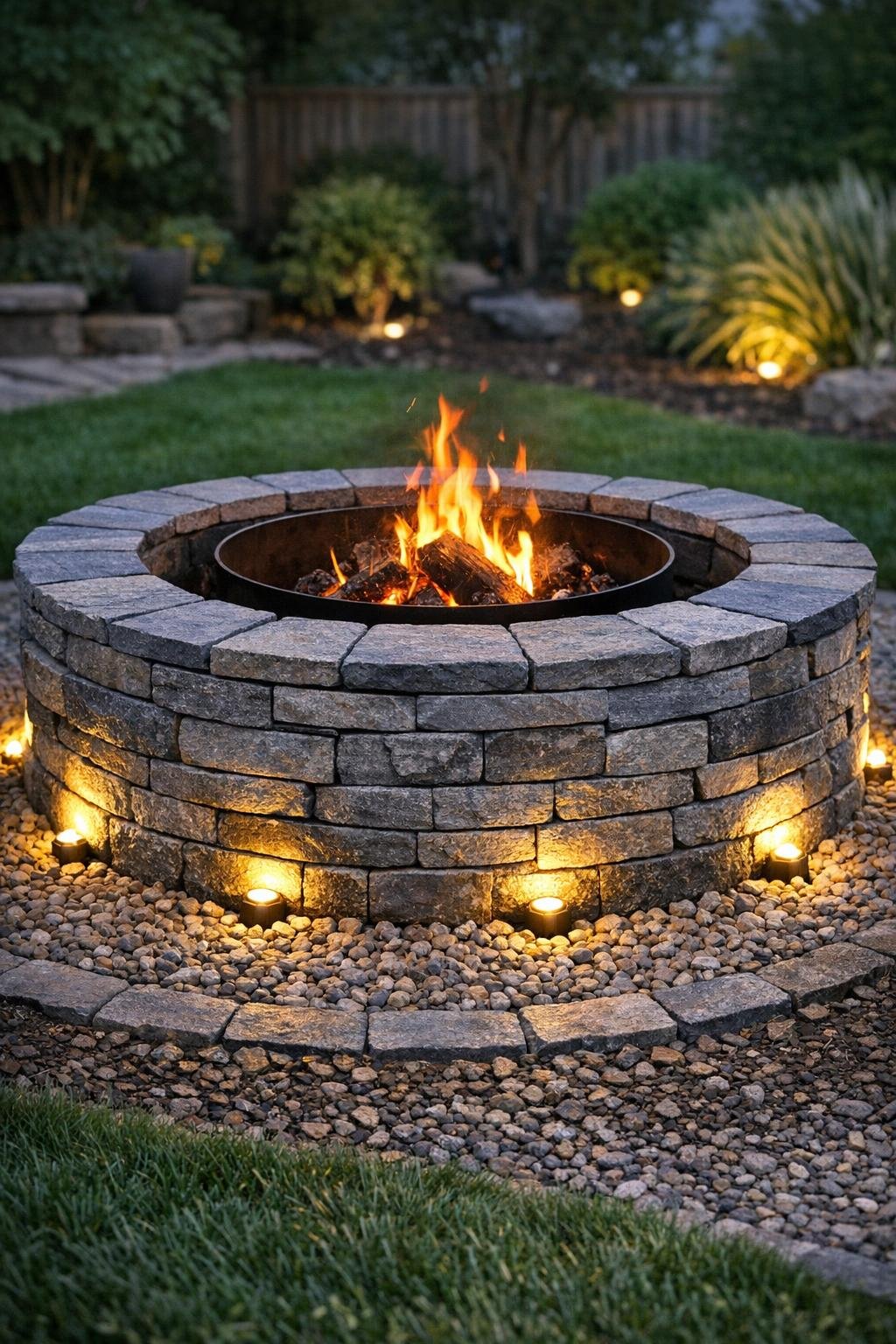 Finished glowing gray stone fire pit surround with solar spotlights