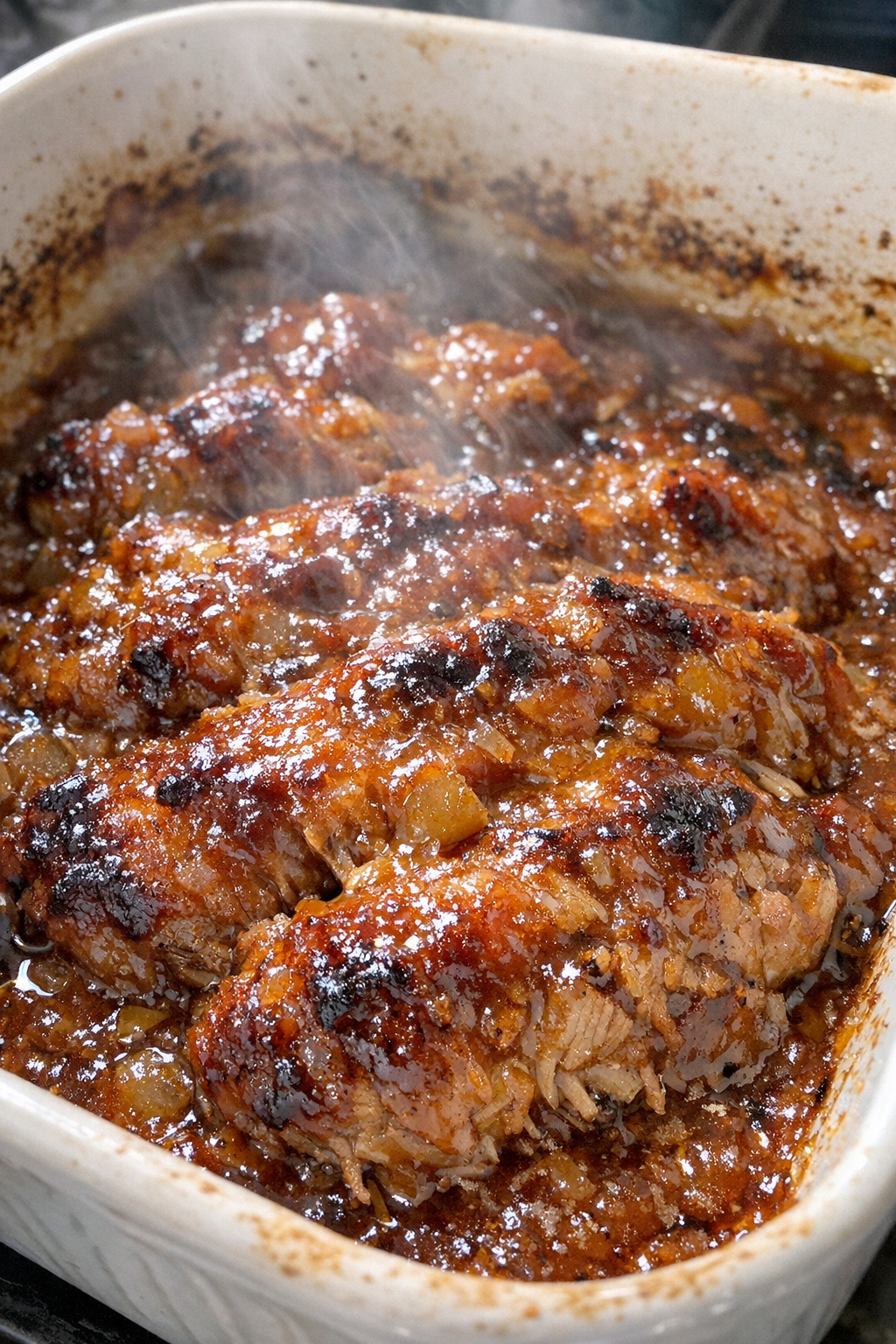 Golden bubbling baked dish in a ceramic baking dish
