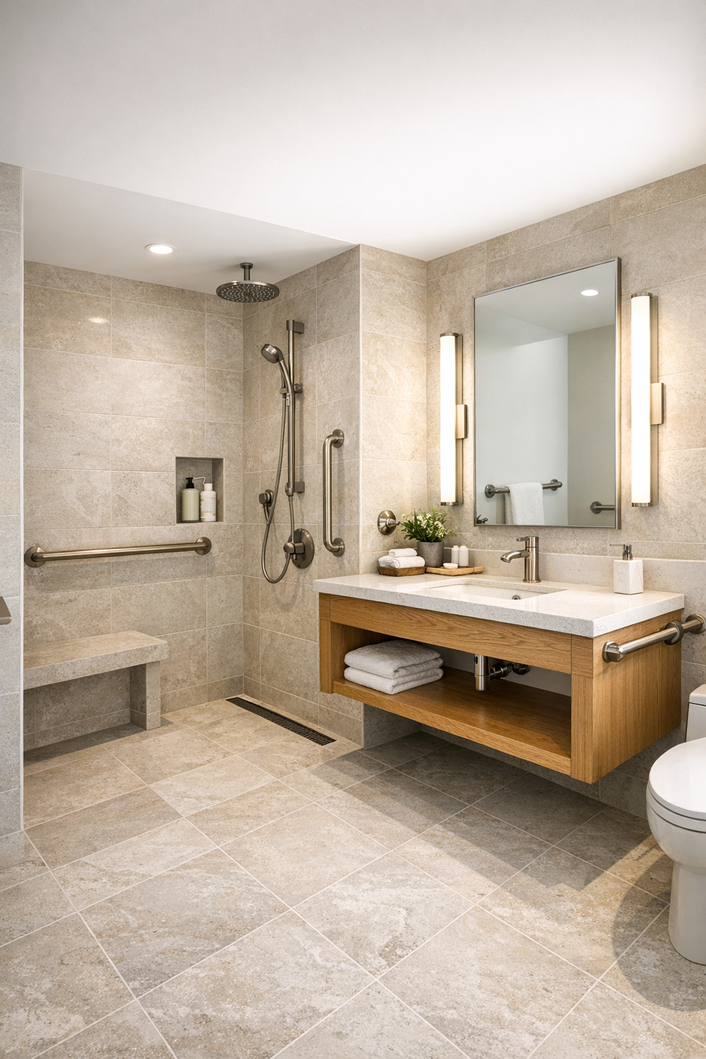 Curbless accessible bathroom with pale stone tile and floating oak vanity