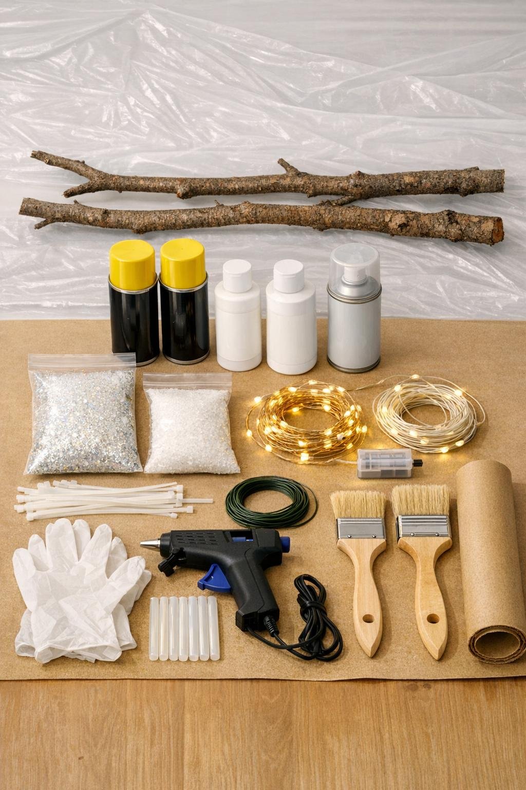 Materials for a snow-laden branch mantel garland laid out together