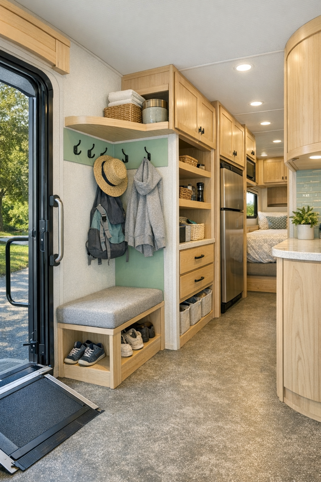 RV entry and corridor area with built-in storage, pale wood finishes, and easy-clean flooring