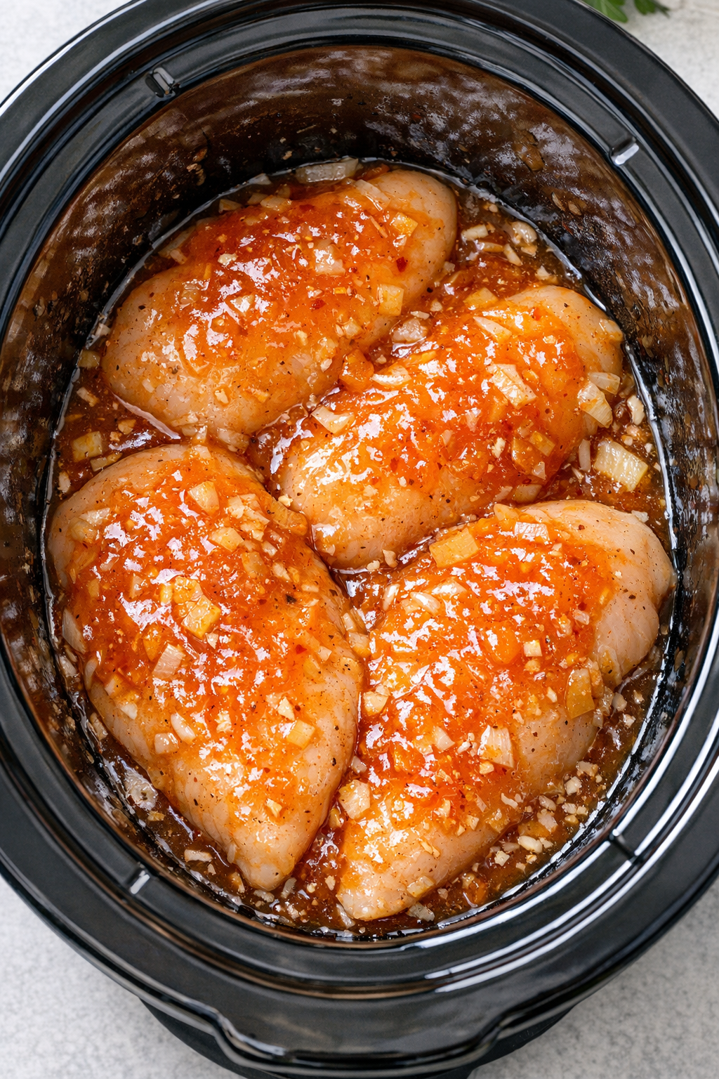 Sauce poured over chicken in slow cooker