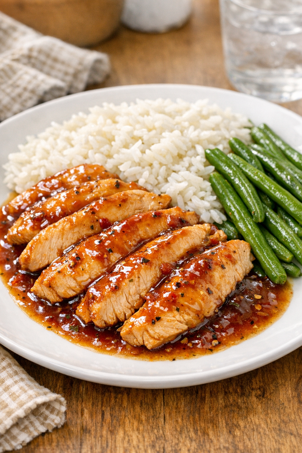 Finished slow cooker chicken plated with sauce