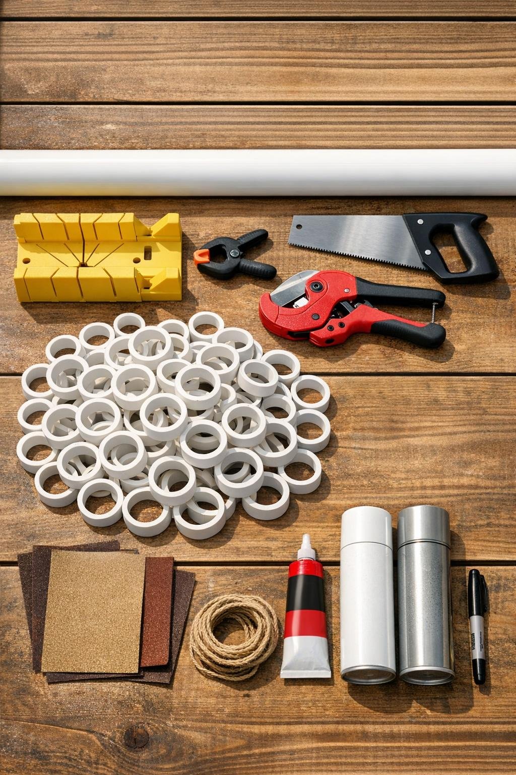 PVC pipe, miter box, cutter, sandpaper, glue, and spray paint laid out for the project