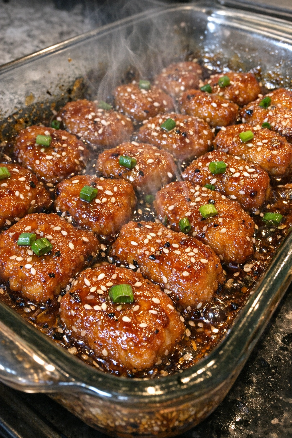 Bubbling glazed chicken nuggets in a baking dish