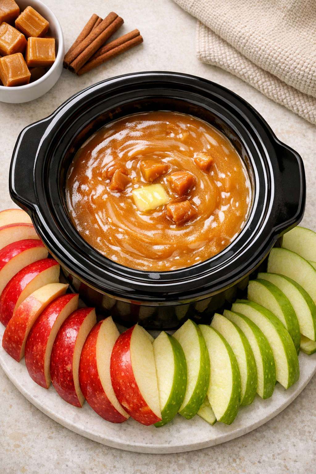 Warm caramel apple dip in a slow cooker with apple slices