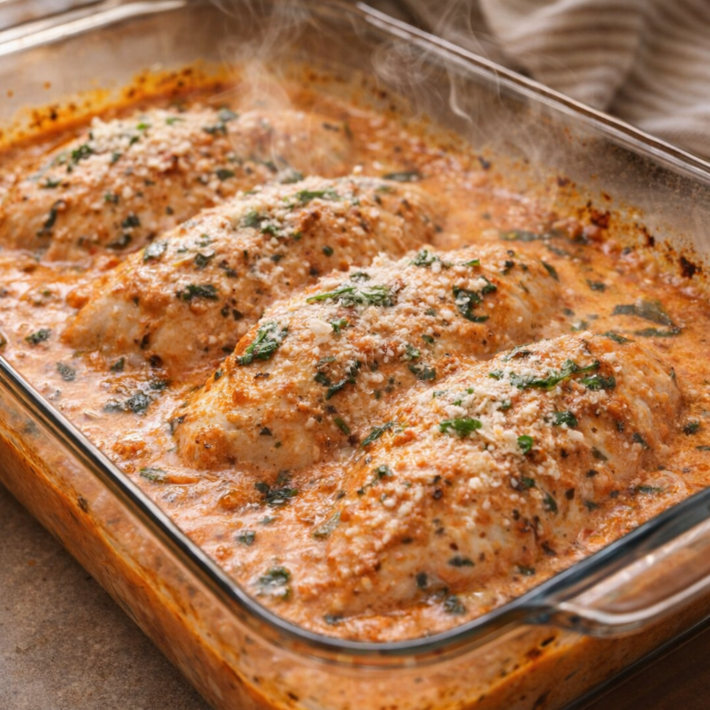 Baked chicken resting in bubbling tomato cream sauce