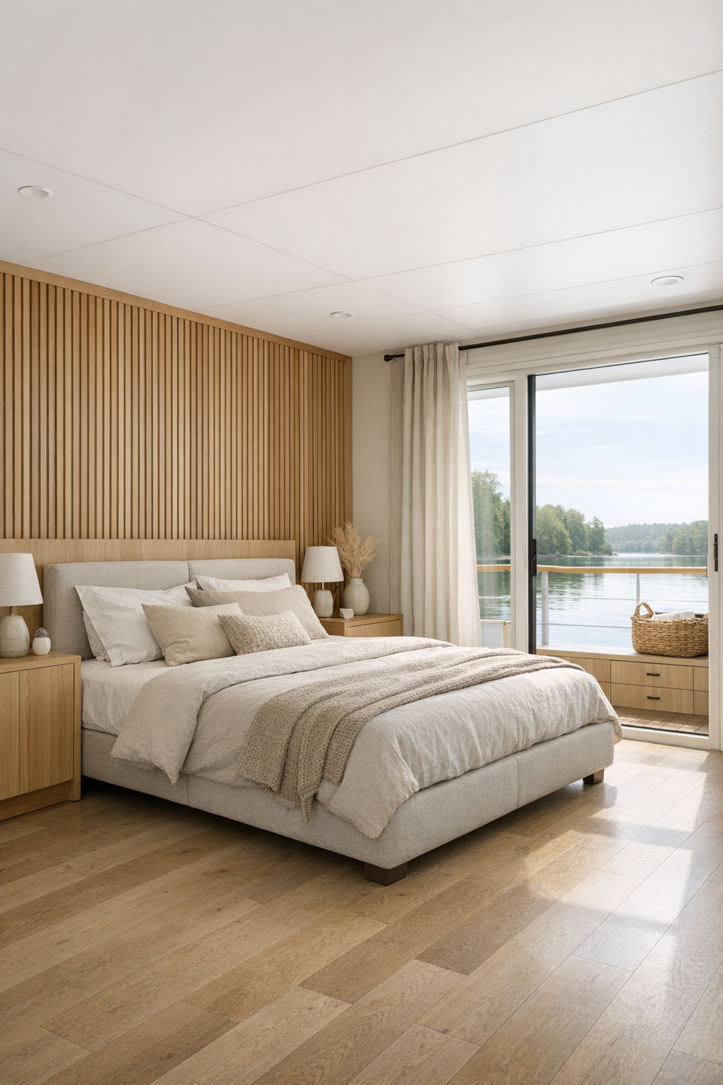 Serene houseboat bedroom with an upholstered bed, oak accents, and expansive windows
