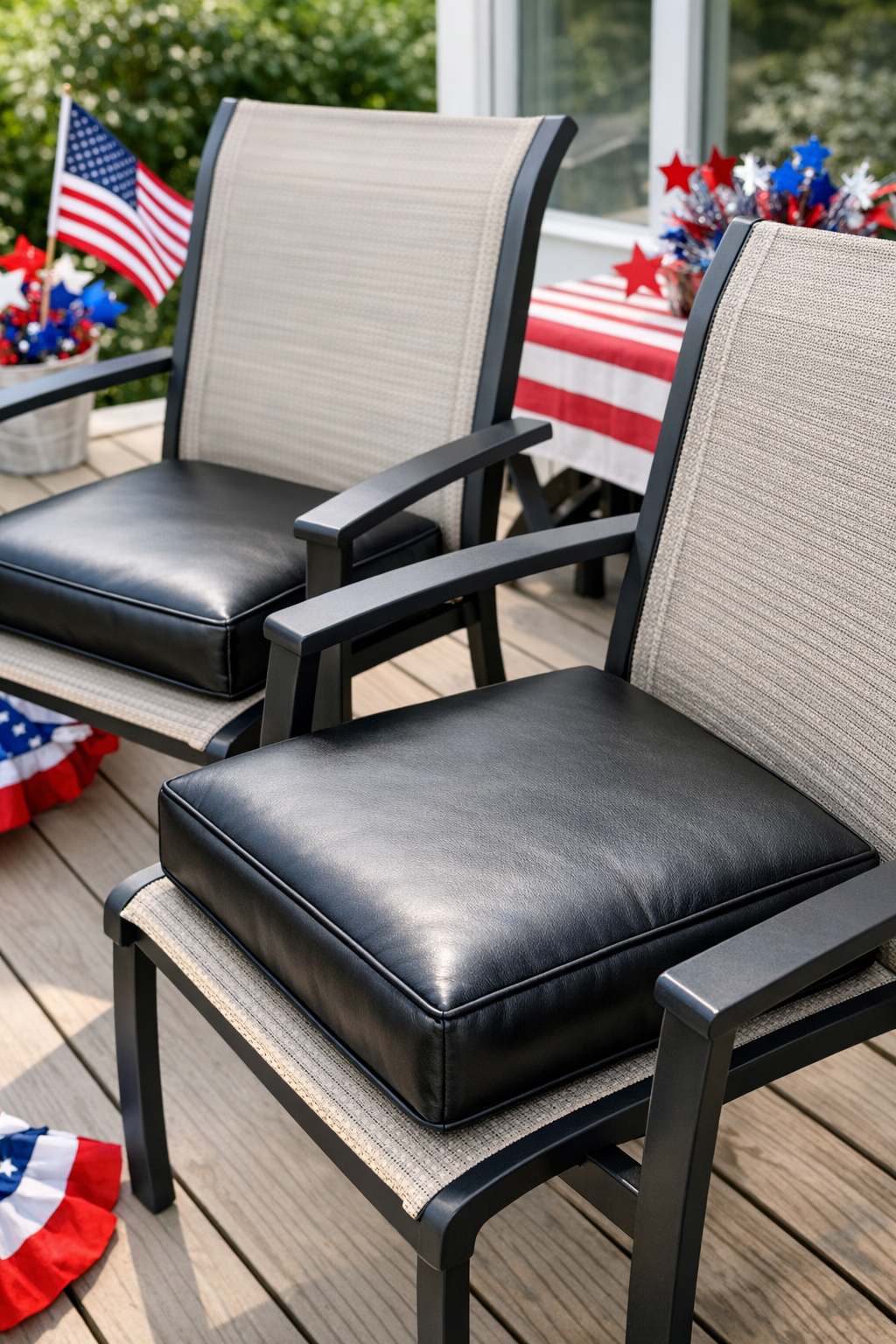 Finished black faux leather patio cushions on outdoor chairs