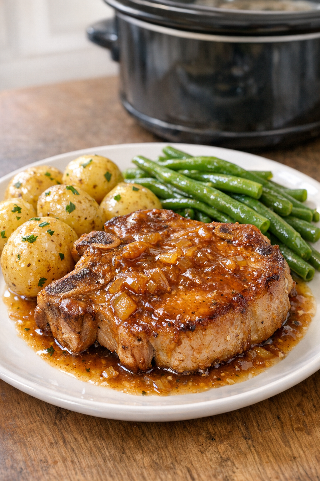 Finished slow cooker pork chops plated with sauce