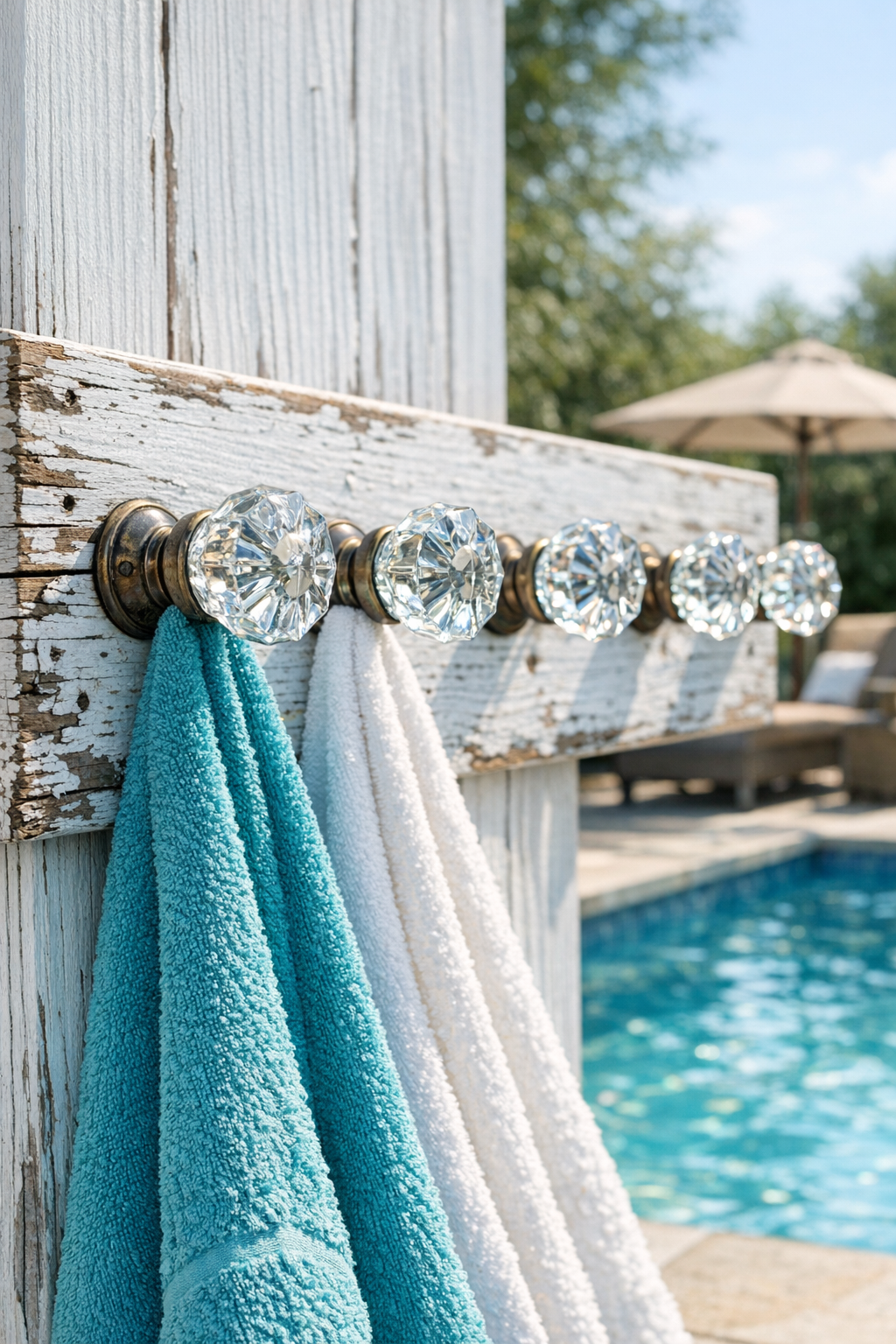 Finished outdoor towel hook board with crystal doorknobs on distressed white cedar
