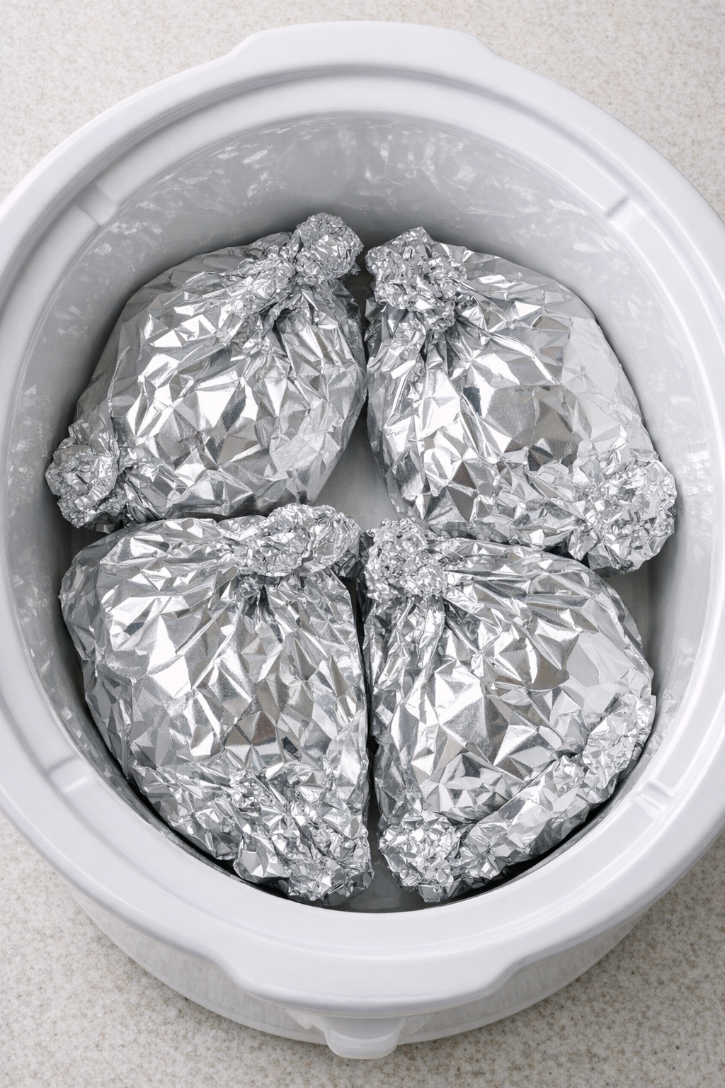 Foil packets arranged in a white slow cooker