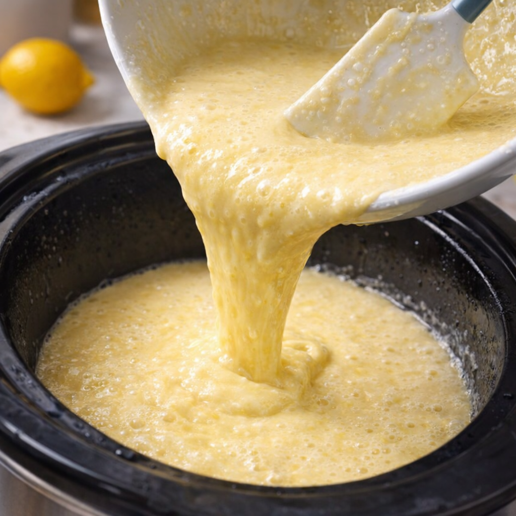 Lemon batter being poured into a slow cooker