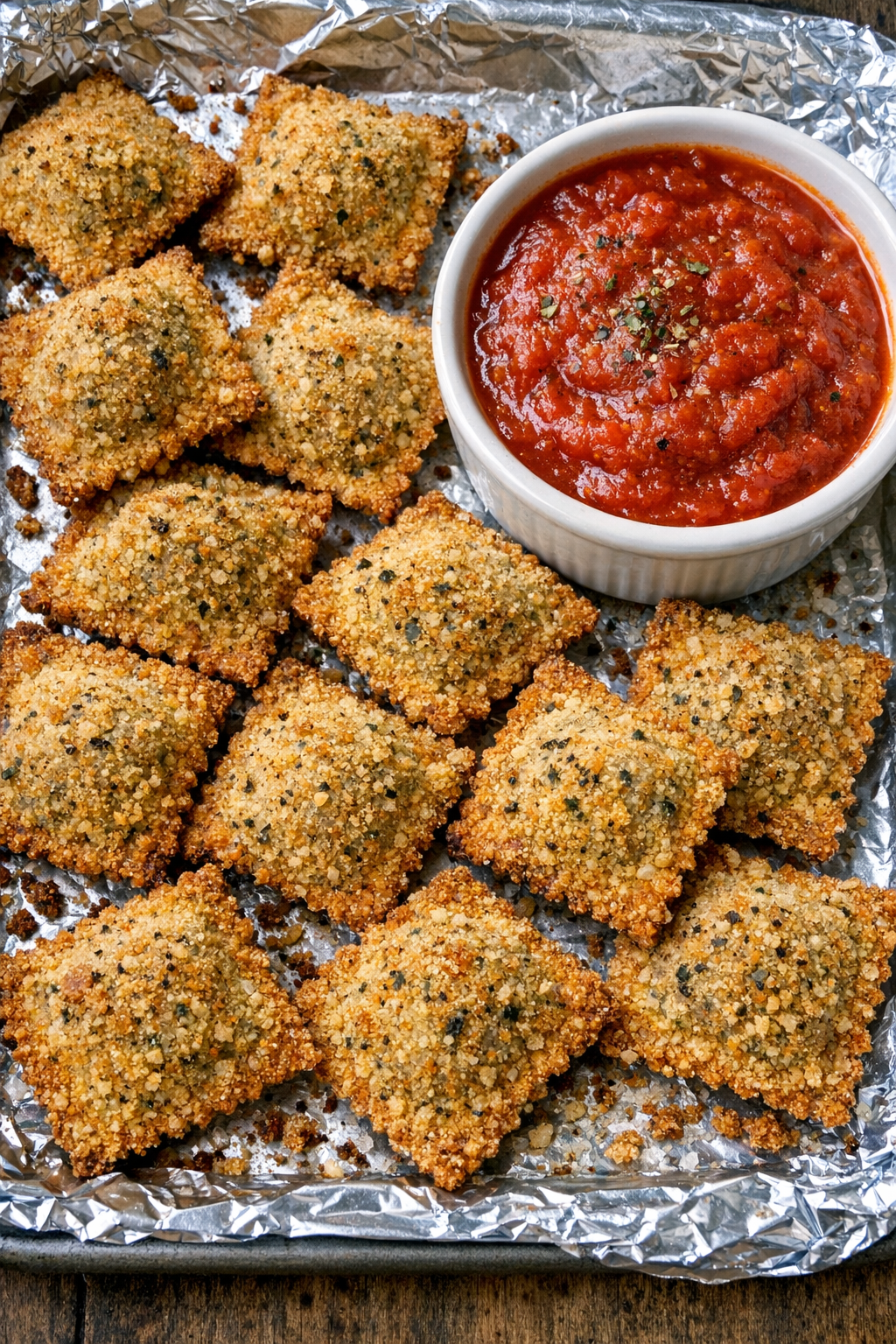 Oven baked beef toasted ravioli on a foil-lined baking sheet with marinara