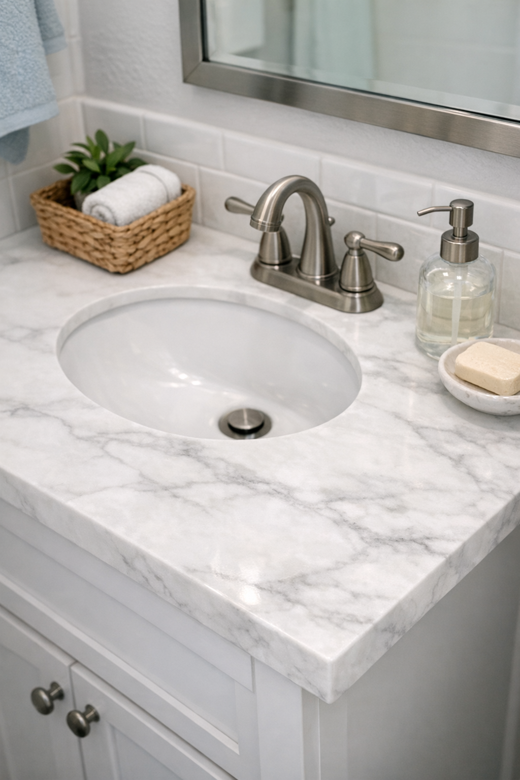 Finished faux marble vanity top made from recycled milk jugs