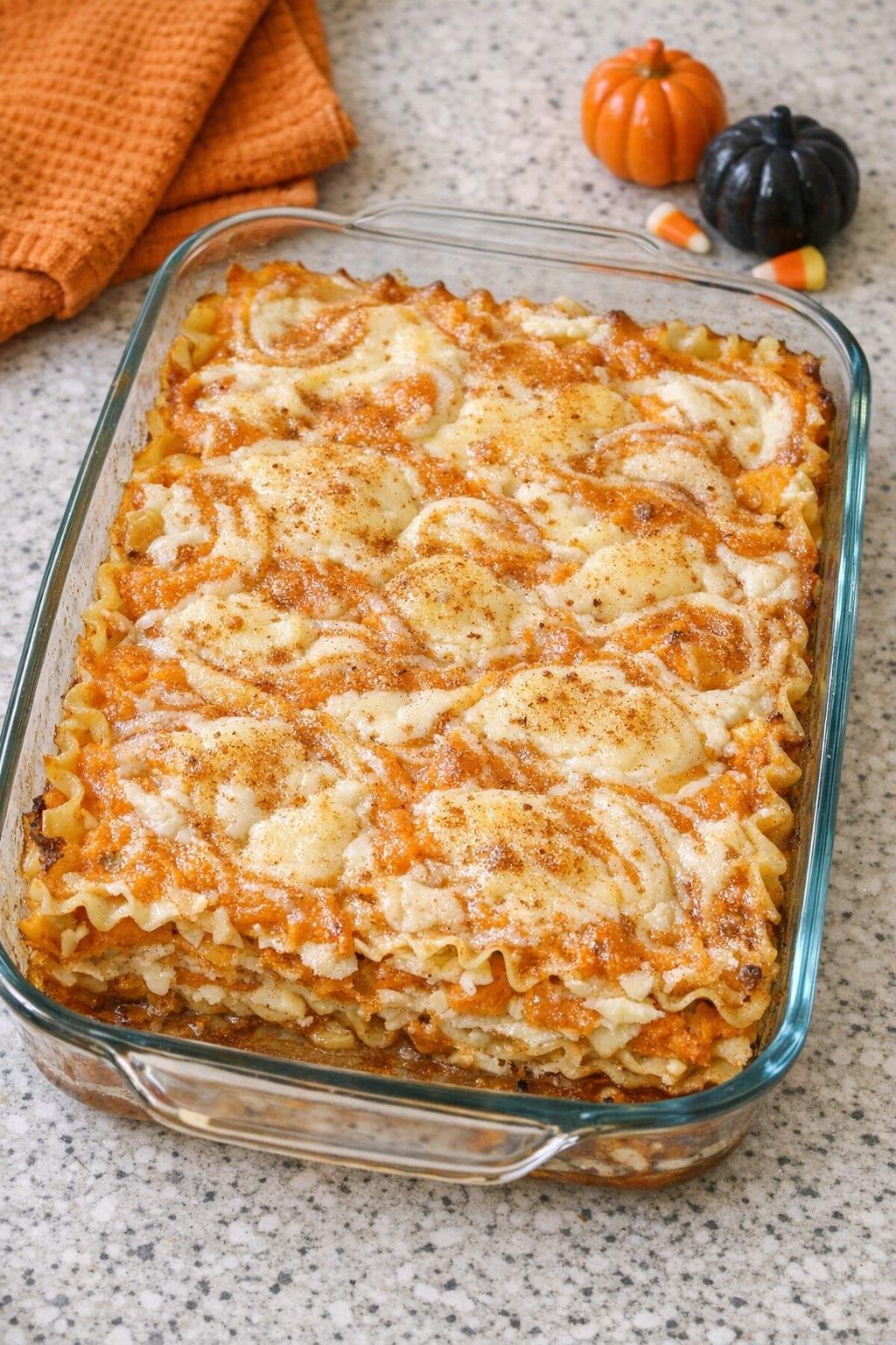 Finished Halloween baked lasagna dessert in a glass baking dish