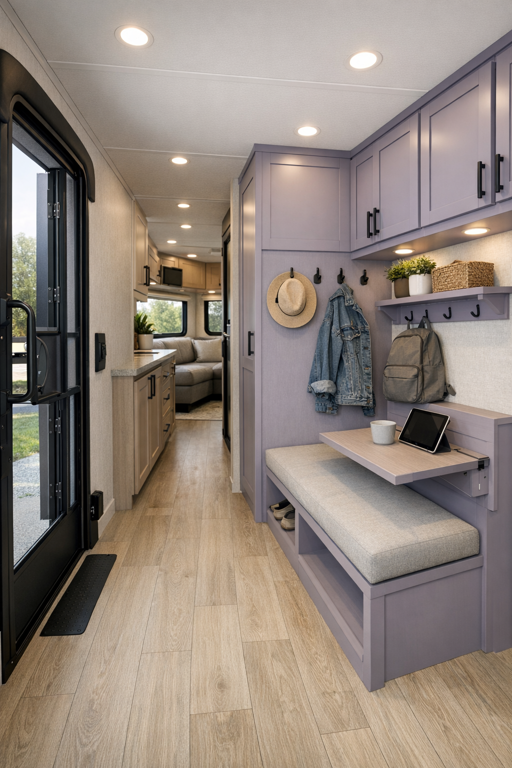 Accessible RV camper entry and multipurpose nook with built-in storage and fold-down desk