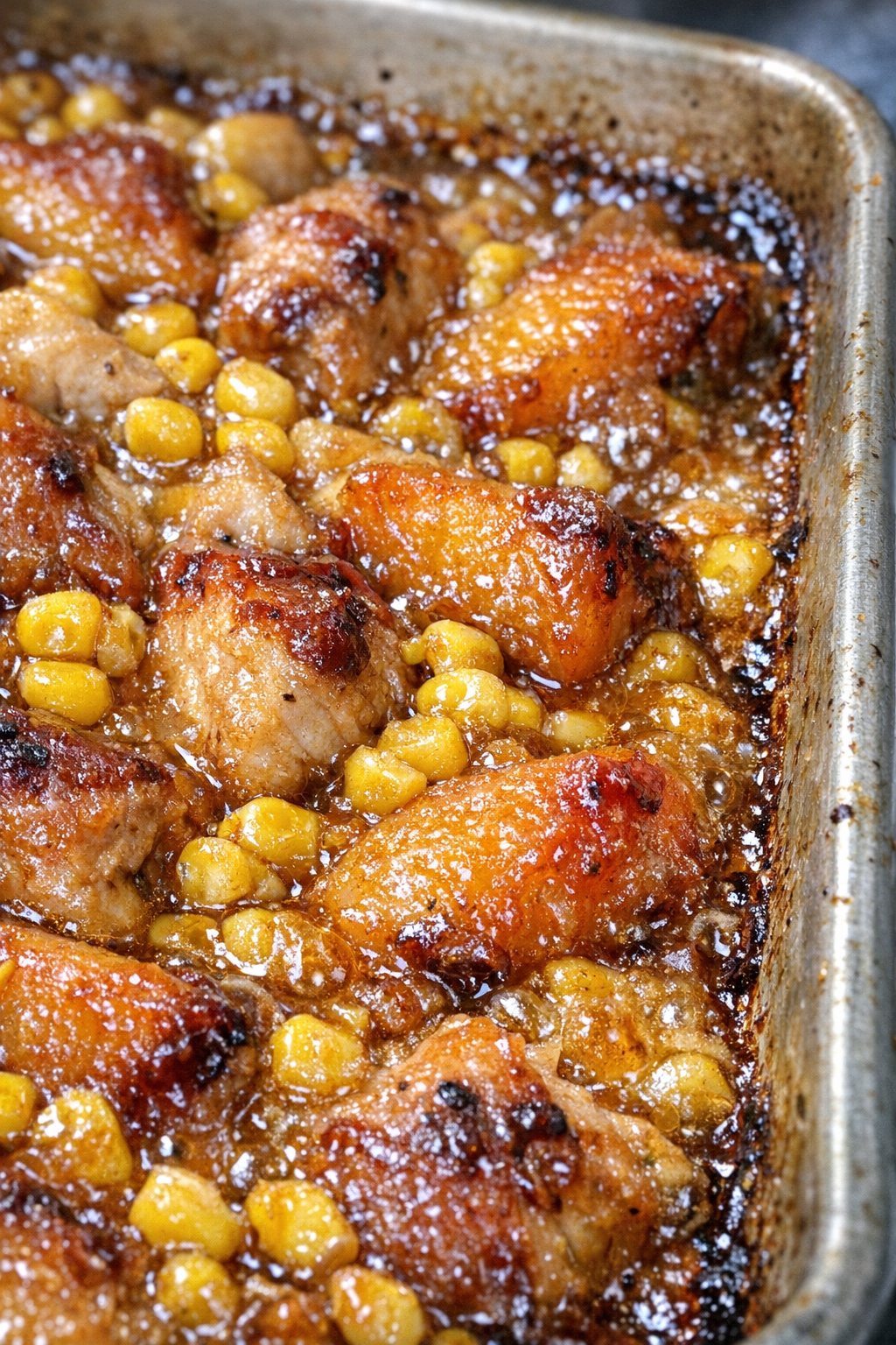 Bubbling caramelized summer sunset bake in a metal baking sheet
