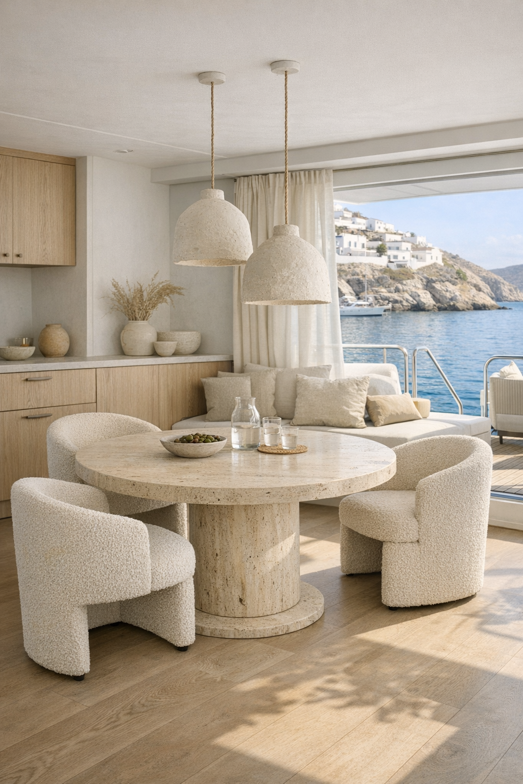 Sunlit dining room with round travertine table and boucle chairs