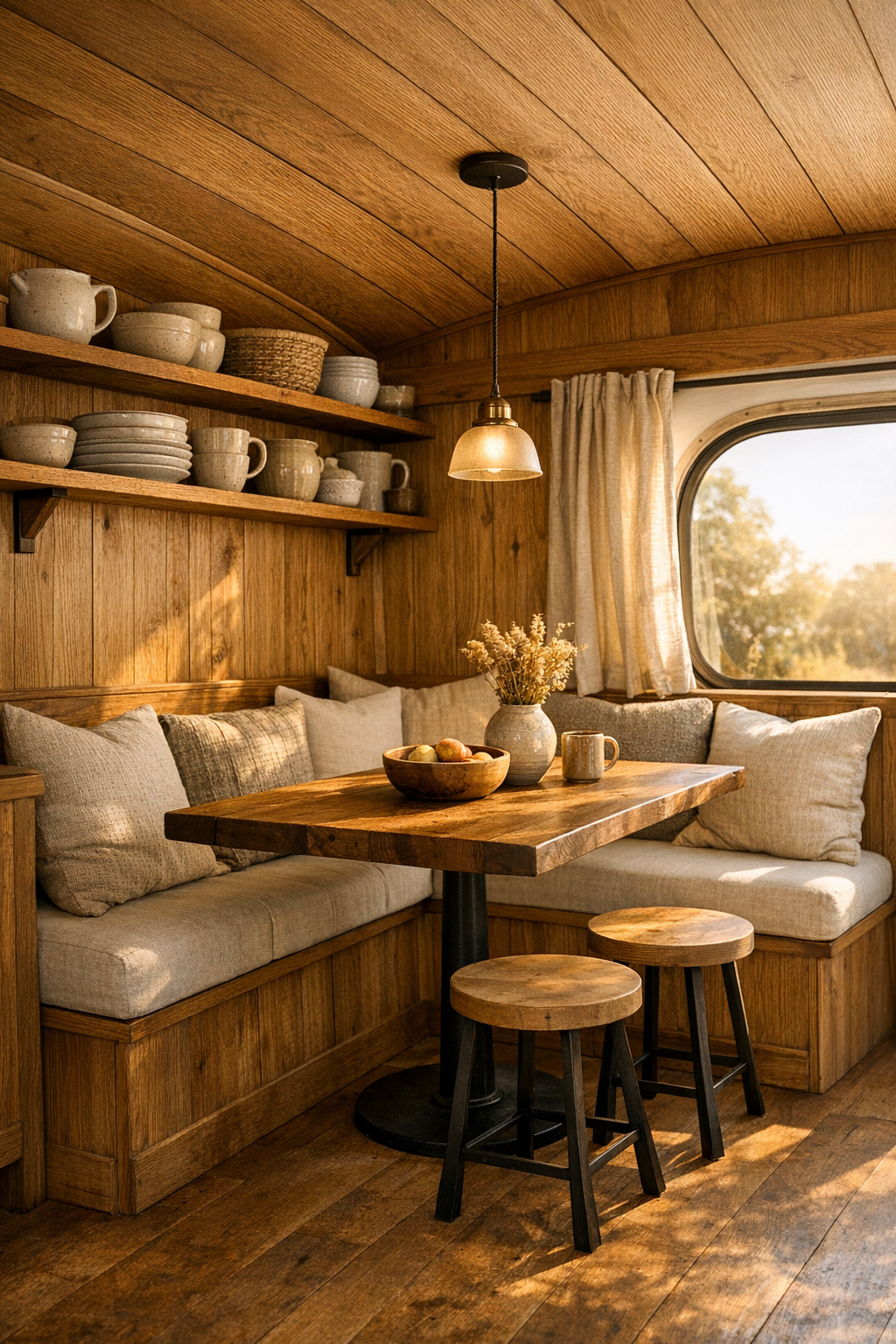 Cozy converted bus dining nook with wood table and banquette seating