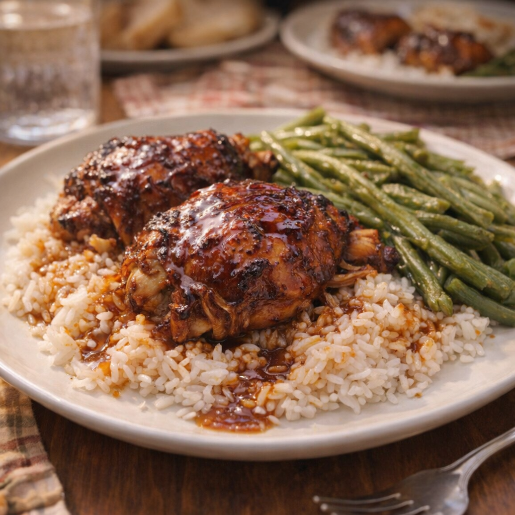 Family-style plate of chicken thighs served with rice and green beans
