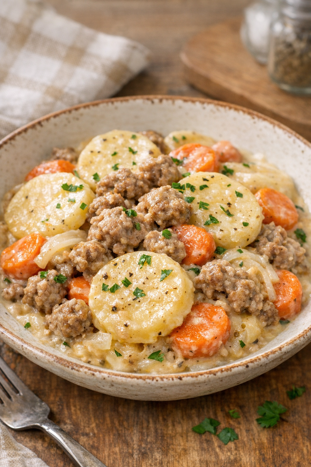 Finished slow cooker sausage supper plated in a rustic bowl
