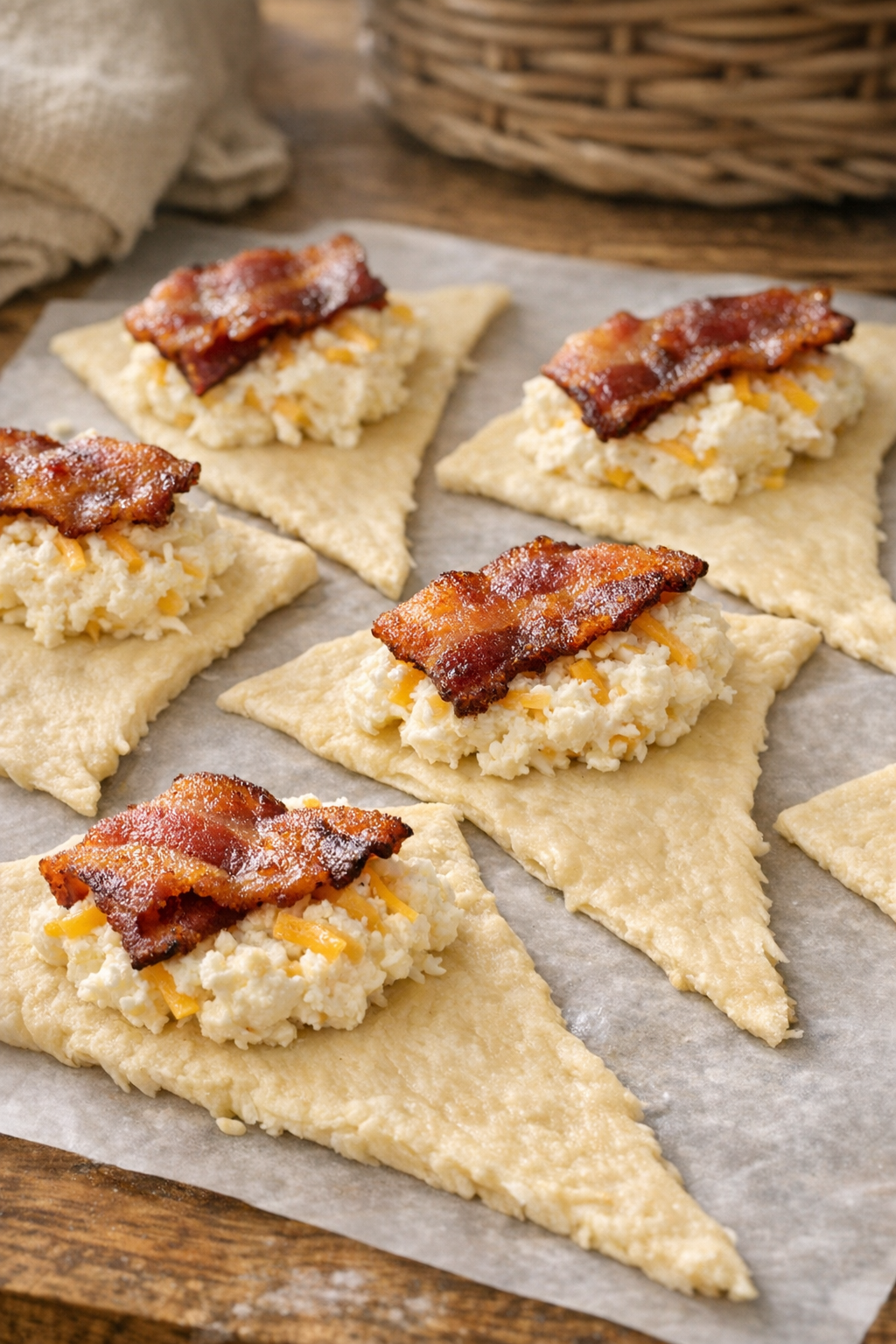 Bacon placed on filled crescent dough before rolling