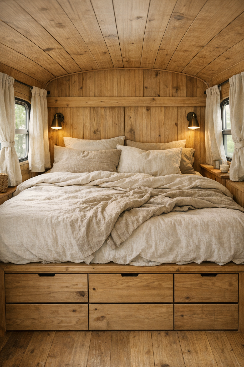 Serene converted bus bedroom with built-in bed and linen bedding