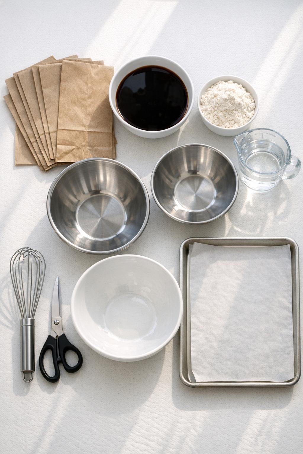Materials for rustic paper bag harvest bowls laid out on a table