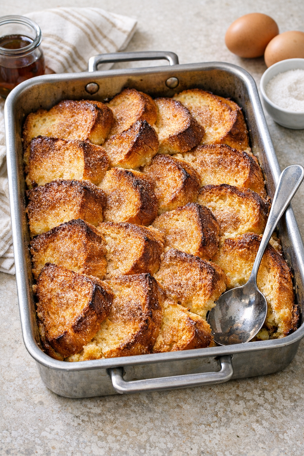 Finished baked brioche dessert in a roasting pan