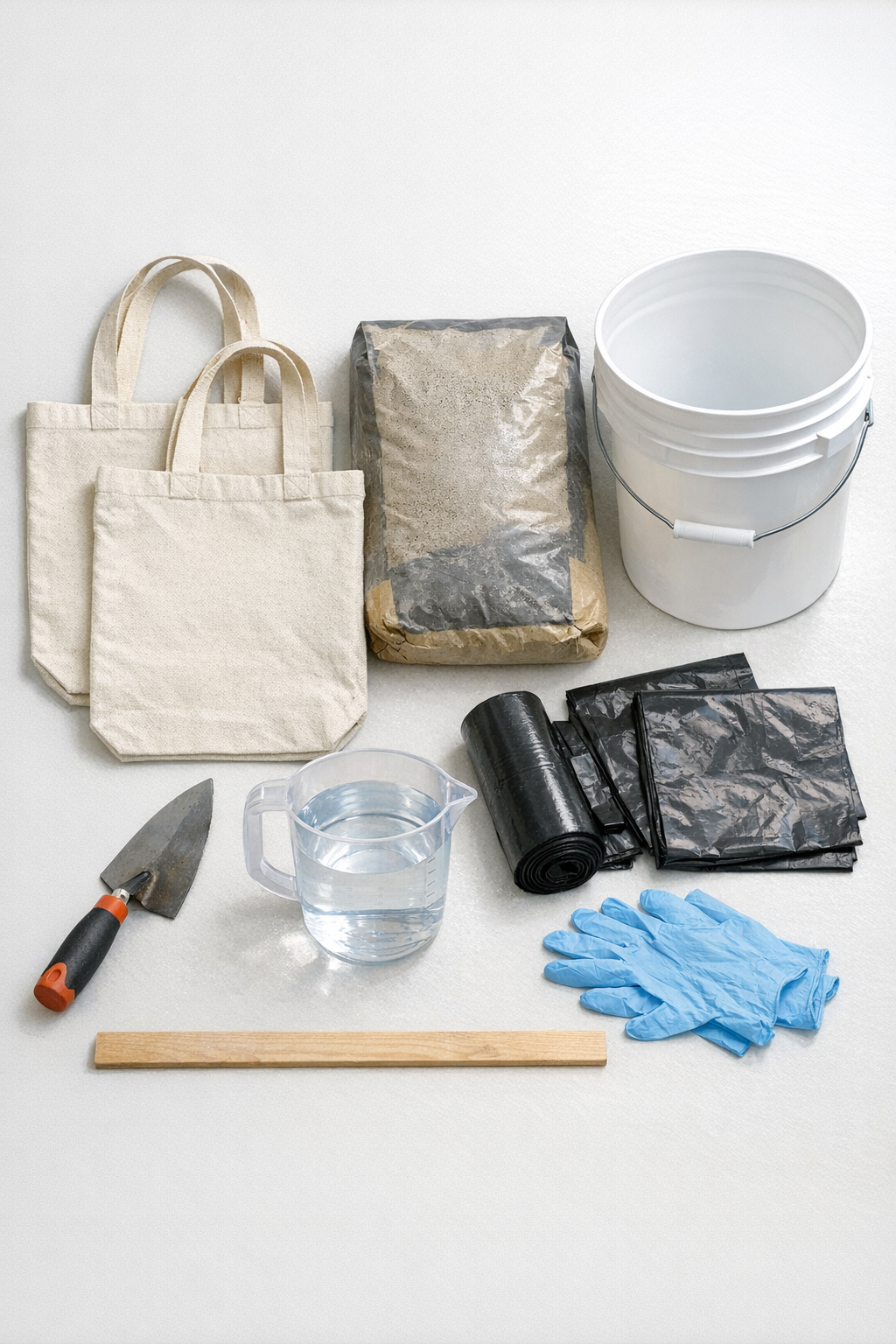 Materials for making cement yard weights laid out on a work surface