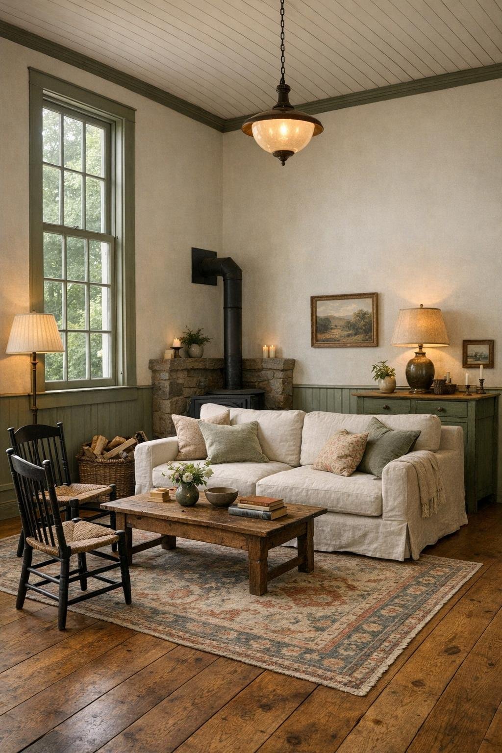 Cozy cottage living room inside a converted one-room schoolhouse