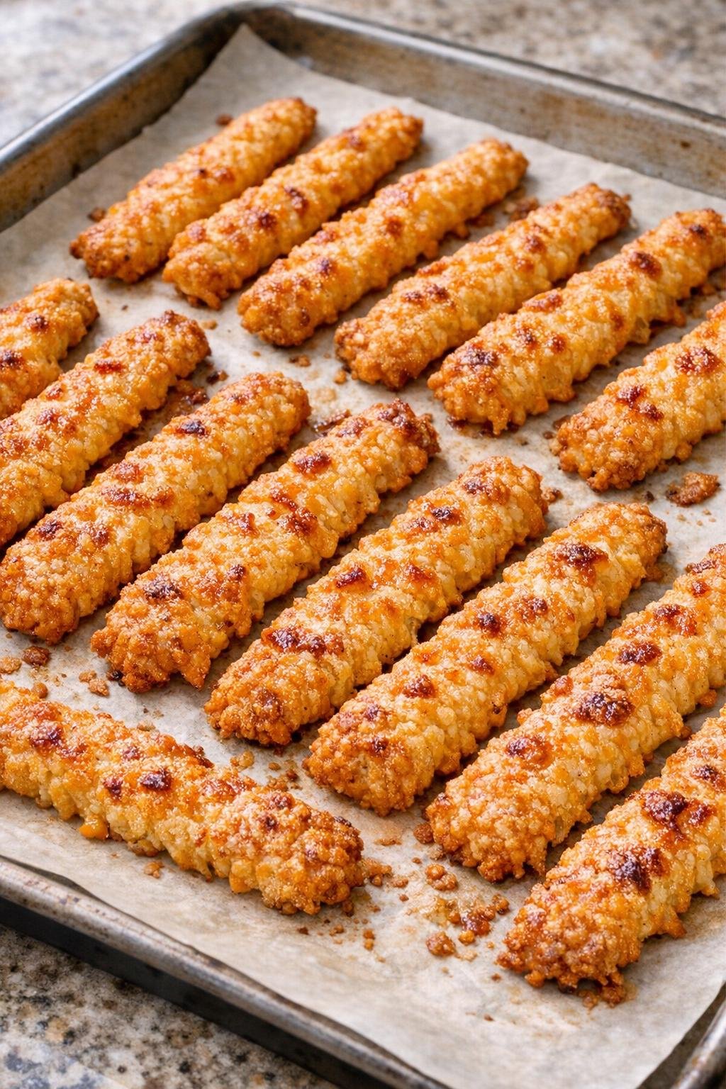 Świeżo upieczone słomki cheddarowe na blasze do pieczenia