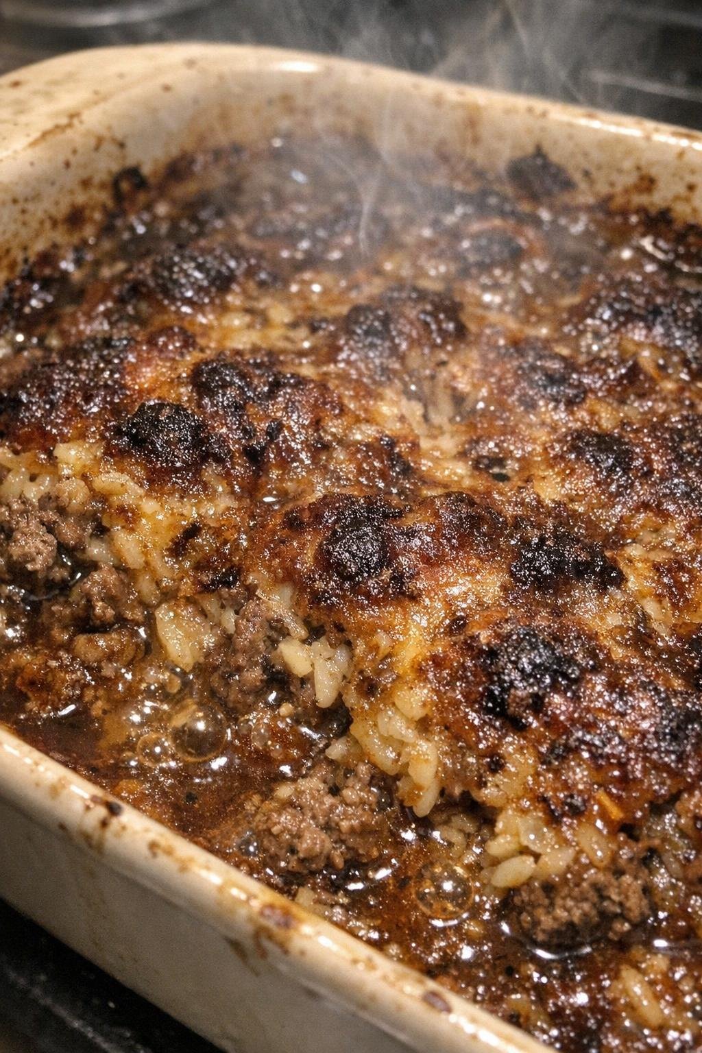 Finished vintage tavern beef bake with dark amber crust