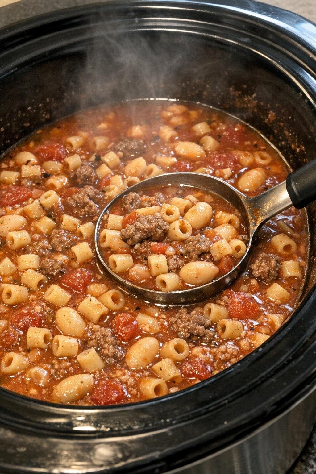 Slow cooker pasta e fagioli soup in a black slow cooker