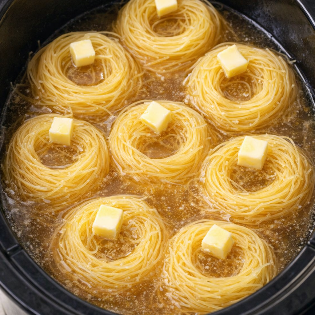 Butter-topped pasta nests in the slow cooker