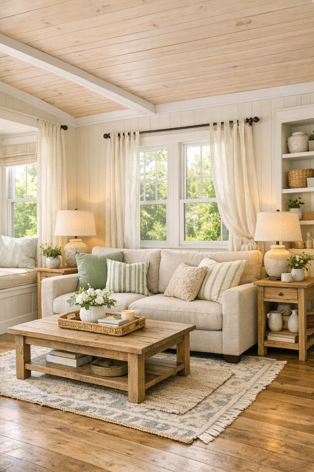 Cozy cottage living room with sage accents and warm wood details