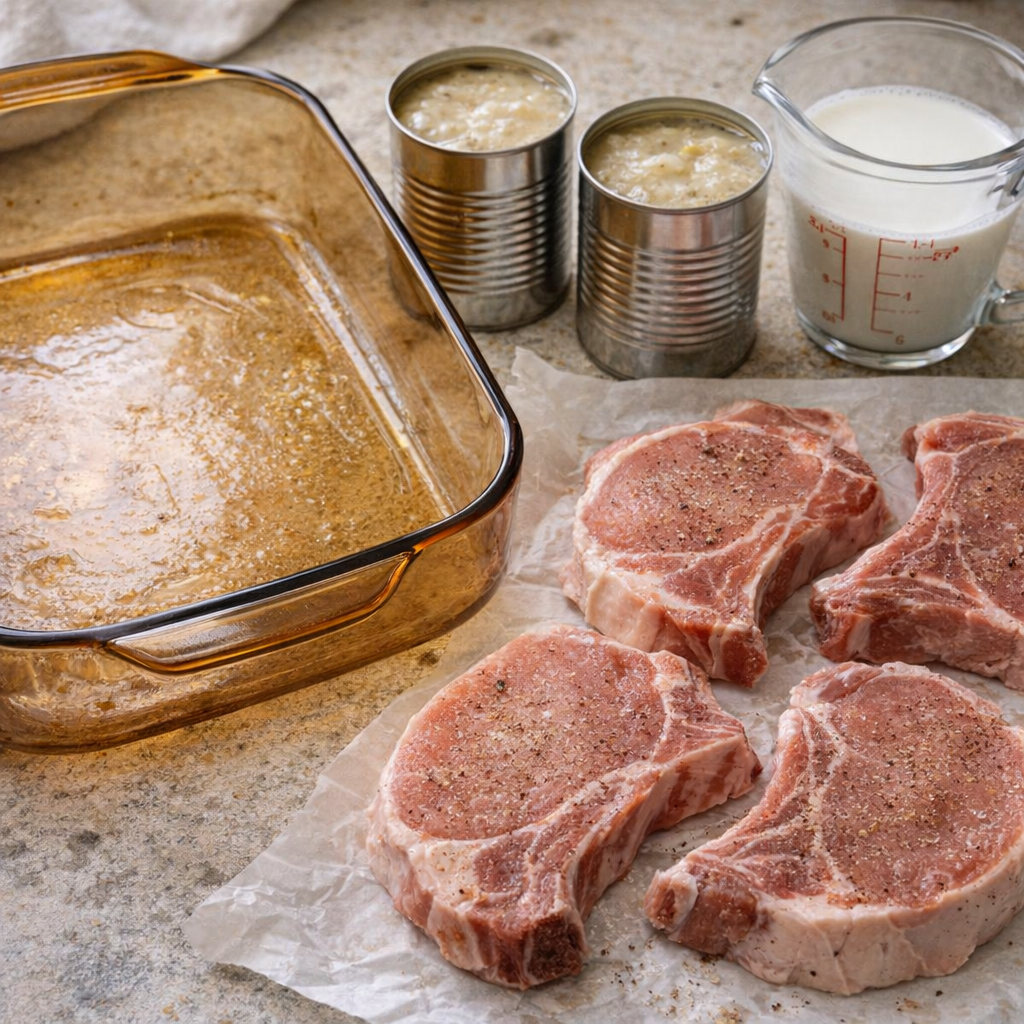 Greased casserole dish beside pork chops and soup cans