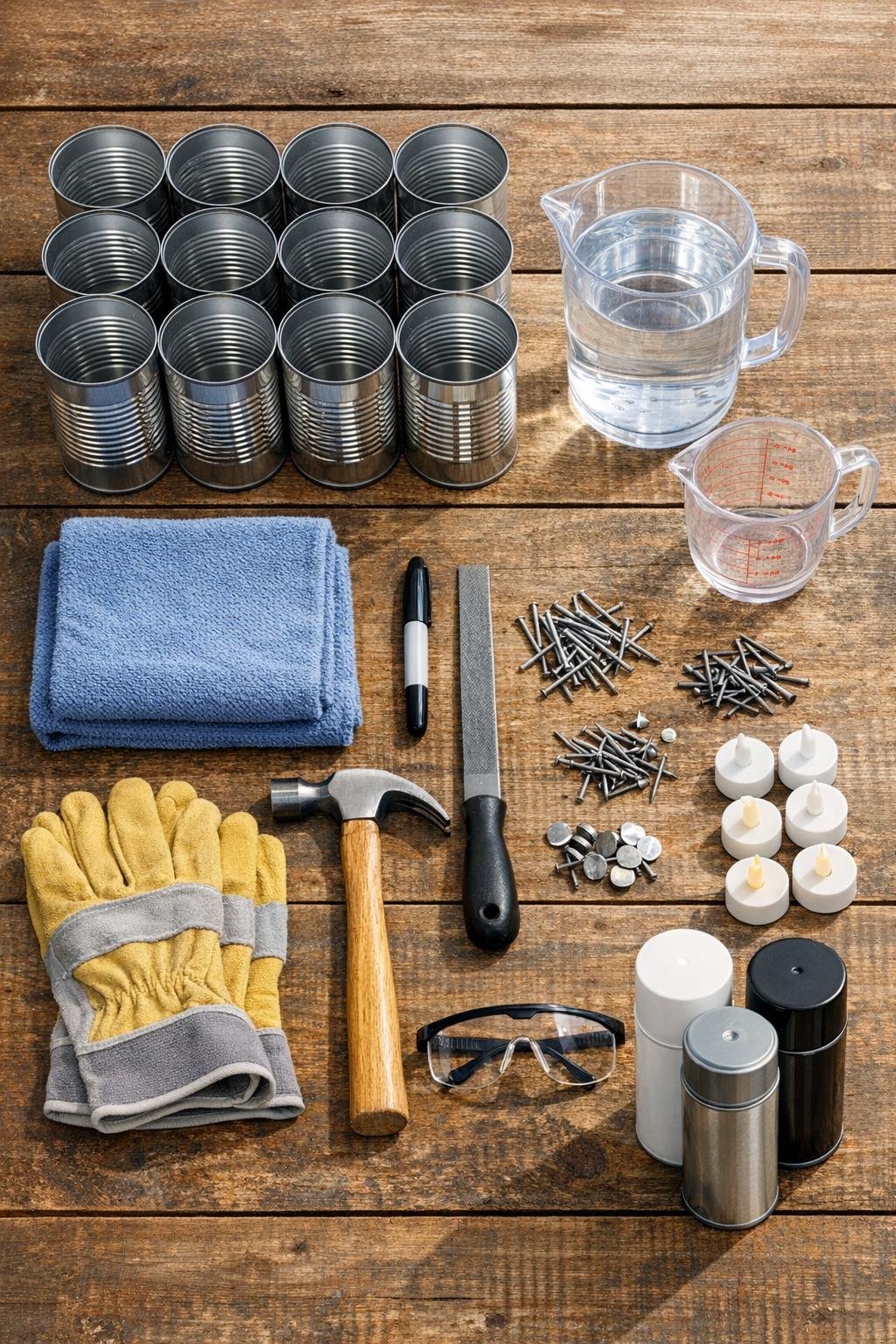 Materials laid out for punched tin can luminaries