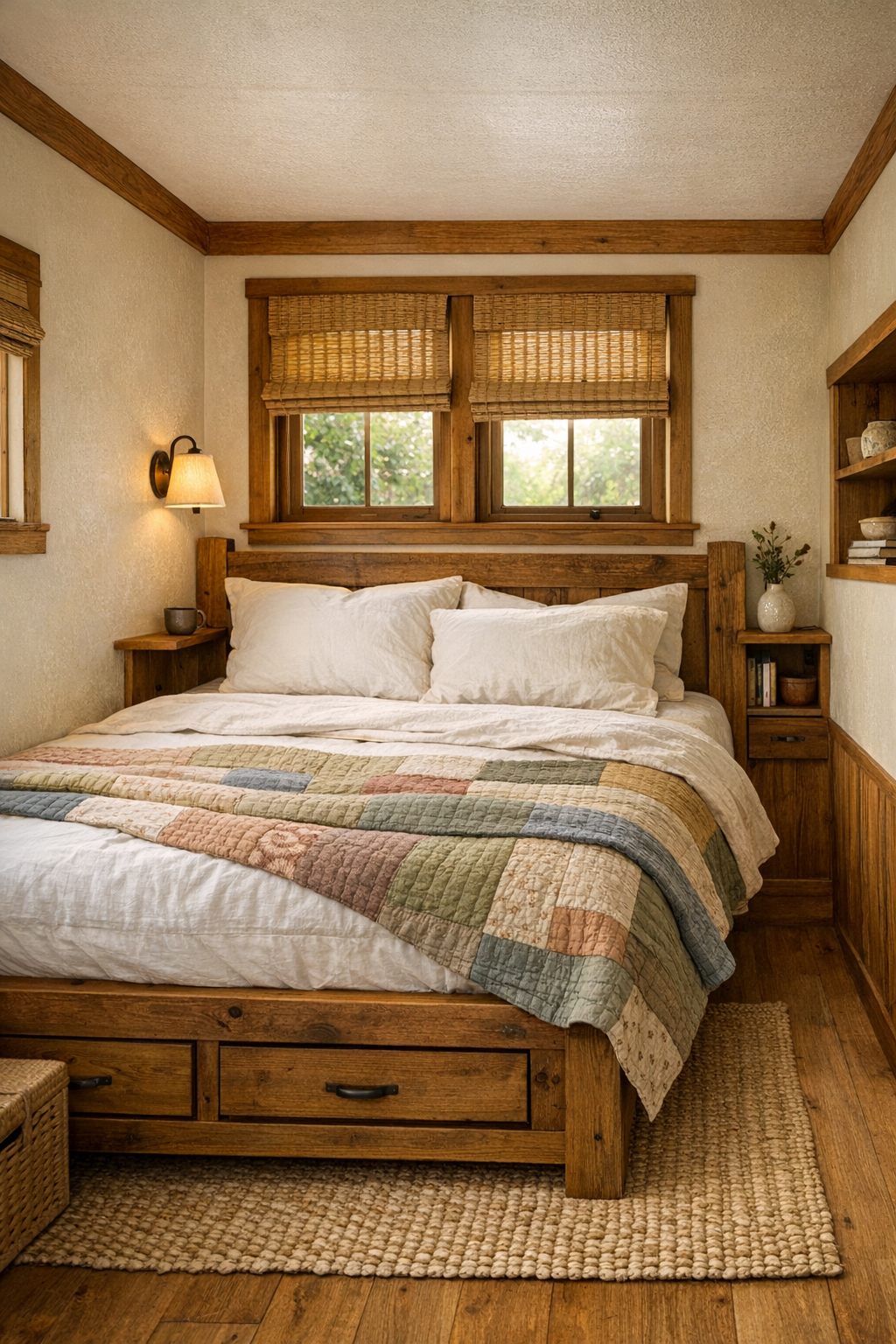 Peaceful tiny home bedroom with a handmade wood bed and soft quilted bedding