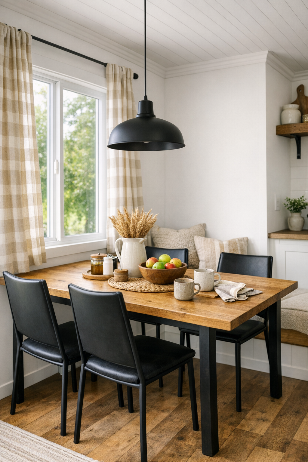 Compact farmhouse dining area with a wood table, black chairs, and simple pendant lighting