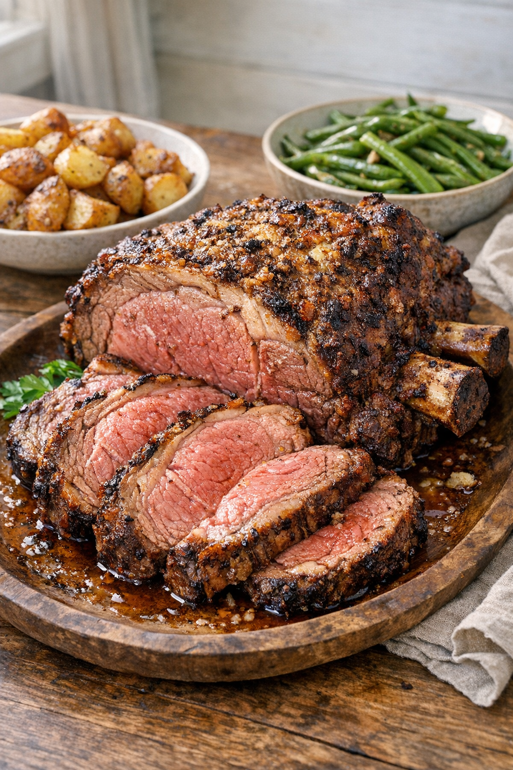 Finished horseradish crusted standing rib roast on a serving platter