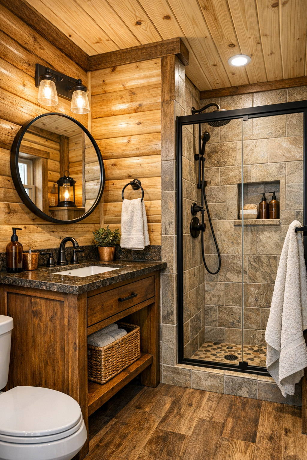 Compact rustic bathroom with wood vanity, copper accents, and tiled shower
