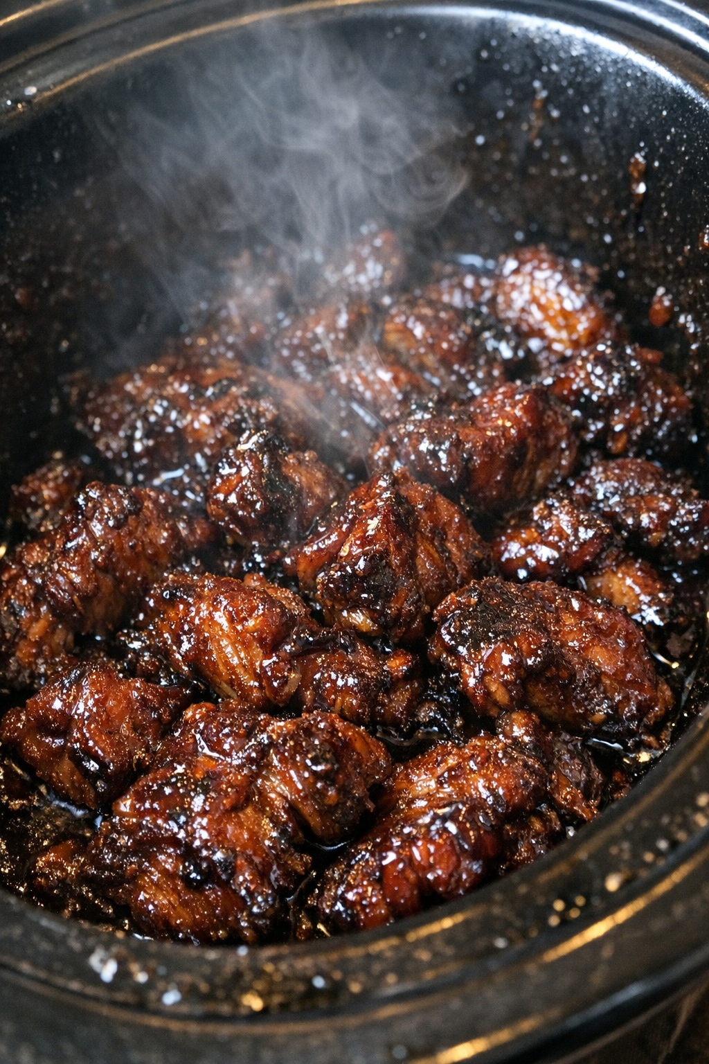 Slow cooker pork rib tips in dark amber glaze