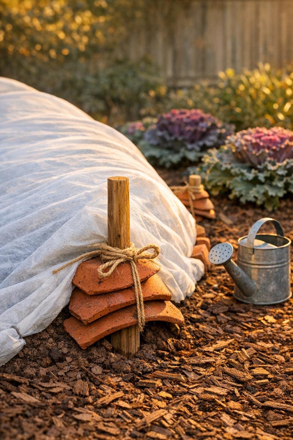 Finished terracotta shard wind anchors securing a fall garden bed cover