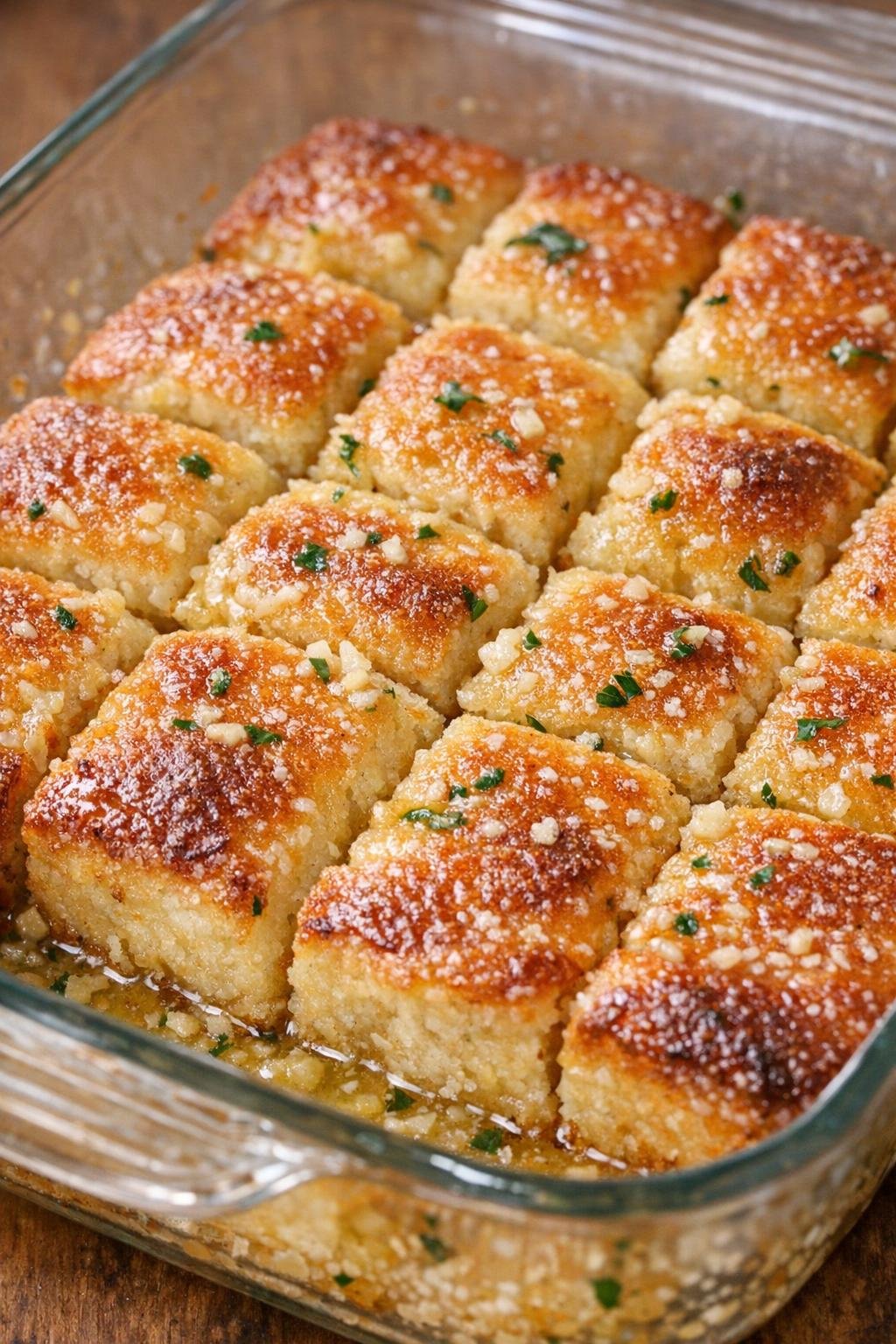Southern 3-ingredient buttery garlic squares in a glass casserole dish