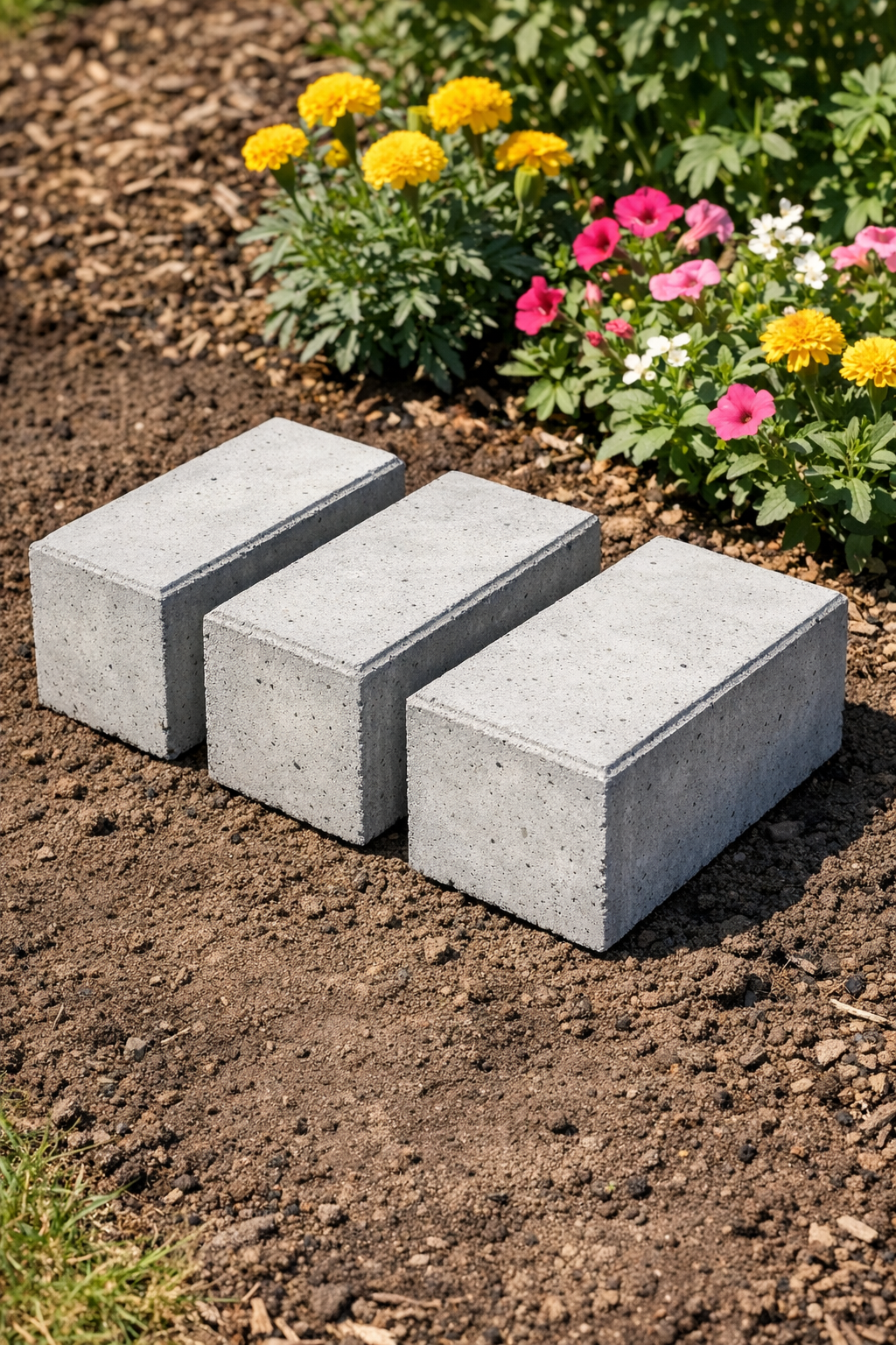 Finished heavy rectangular concrete yard blocks arranged outdoors