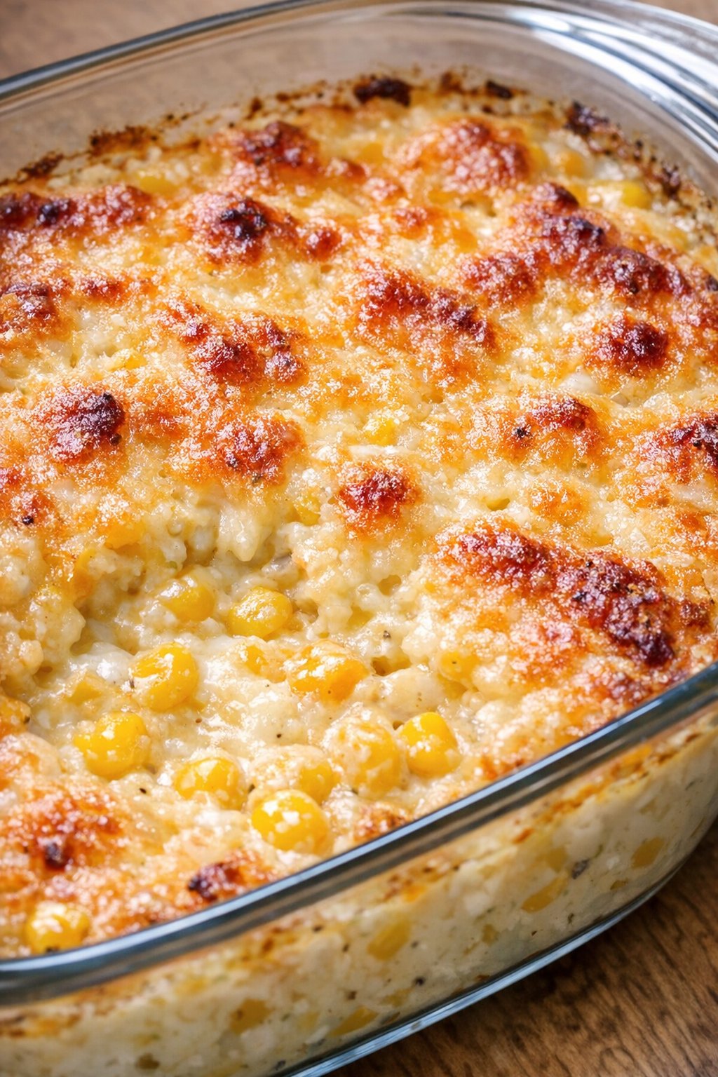 Southern creamy corn dip baked in a glass casserole dish