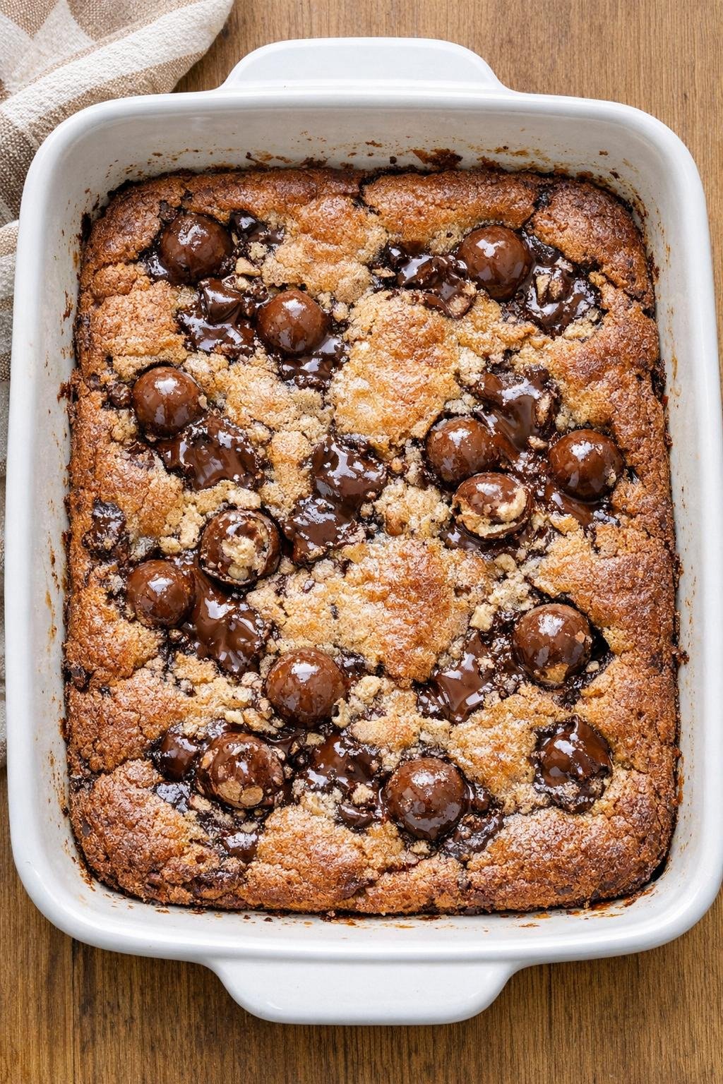 Finished baked malted milk ball dessert in a ceramic roasting pan